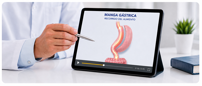 Médico mostrando el recorrido del alimento después de una cirugía de manga gástrica.